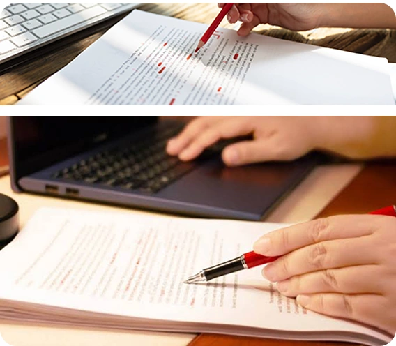 Editors reviewing a printed manuscript and making detailed corrections